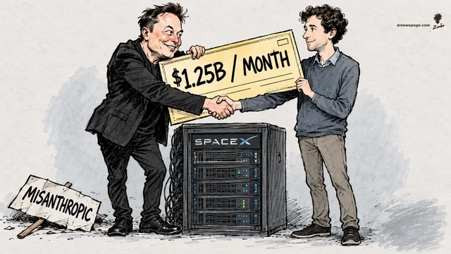 Satirical cartoon: an Elon Musk caricature shakes hands with an Anthropic co-founder figure across a server rack labeled SPACEX, trading a giant check reading '$1.25B / MONTH'; a discarded protest placard reading 'MISANTHROPIC' lies on the ground.