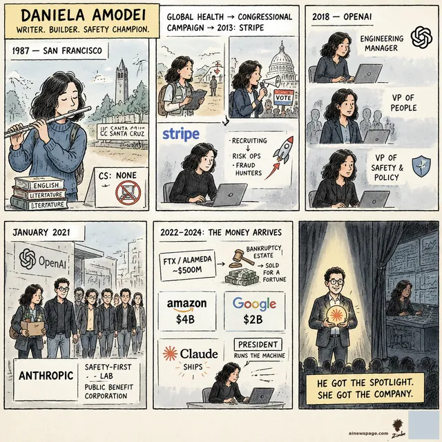 Sunday strip: Daniela Amodei — flute kid, UC Santa Cruz English degree, CS: none; global health to 2013 Stripe; 2018 OpenAI VP of Safety and Policy; 2021 walkout to found Anthropic; 2022-24: FTX $500M, Amazon $4B, Google $2B, Claude ships; kicker: Dario in the spotlight, Daniela at the control desk.