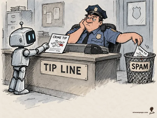 Satirical cartoon: a small solemn robot hands a 'CRIME TIP' form to a bored police officer behind a 'TIP LINE' desk while the officer, without looking, tosses an identical form into a wire bin labeled 'SPAM.'