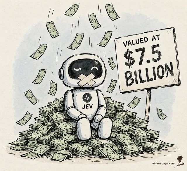 Satirical cartoon: a small friendly robot with tape crossed over its mouth sits in a mountain of cash with money raining down, beside a picket sign reading 'VALUED AT $7.5 BILLION'; a 'JEV' emblem sits on its chest.