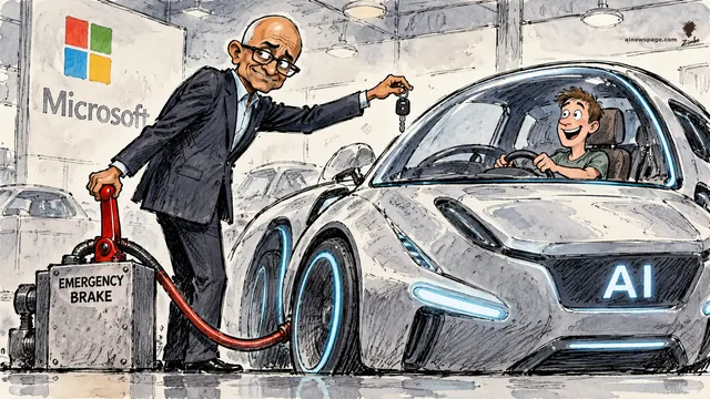 Satirical cartoon: a suited caricature of Microsoft CEO Satya Nadella in a showroom hands a car key to a grinning customer in a futuristic silver car labeled AI, while his other hand grips a red lever on a metal box labeled EMERGENCY BRAKE wired by a hose into the car.