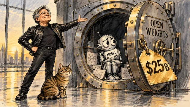 Satirical cartoon: Jensen Huang in a leather jacket beams beside a giant open bank vault labeled OPEN WEIGHTS; inside sits a worried robot clutching papers labeled MODEL while a gold $25B price tag hangs on the vault door; a tabby cat watches impassively.