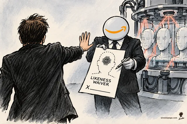 Satirical cartoon: a performer seen from behind holds up a refusing hand while a suited figure with an Amazon-smile orb head holds out an unsigned LIKENESS WAIVER form; behind them a machine with red lasers scans blank heads.