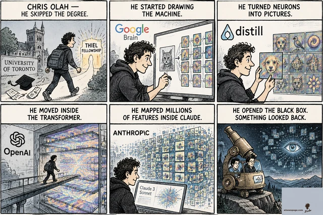 Sunday strip: Chris Olah — Thiel Fellowship over a degree; neural nets drawn at Google Brain; Distill's Feature Visualization; transformer circuits at OpenAI; millions of features inside Claude 3 Sonnet; finale: Olah and Dario Amodei in a microscope at a lookout, an eye staring back from the box.