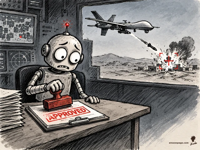 Satirical cartoon: a worried round-headed robot stamps APPROVED in red on paperwork while, through the window behind him, an AI drone fires a missile into a targeted village.