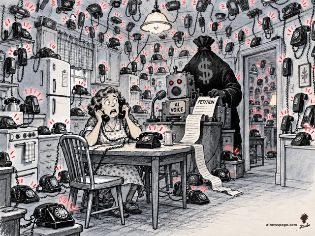 Satirical cartoon: a 1950s kitchen overrun by ringing telephones while a shadowy money-bag figure feeds a PETITION scroll into an AI VOICE robot; a horrified woman holds two receivers.