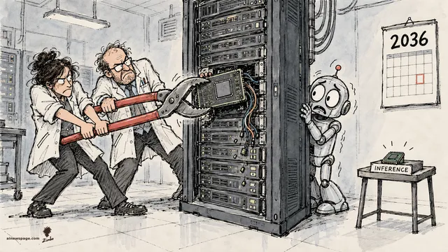 Satirical cartoon: two researchers in lab coats yank a giant training chip from a server rack with enormous pliers, like pulling a rotten tooth, while a worried robot clutches the rack; a tiny chip labeled INFERENCE waits on a stool and a wall calendar reads 2036.