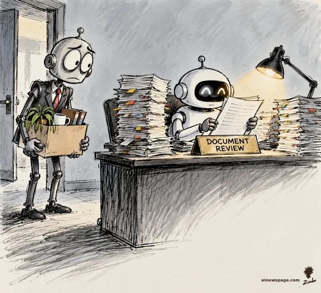 Satirical cartoon: a glum suited robot carries a box of desk belongings out the door while a cheerful small robot happily reviews towering stacks of legal documents beneath a DOCUMENT REVIEW desk sign.