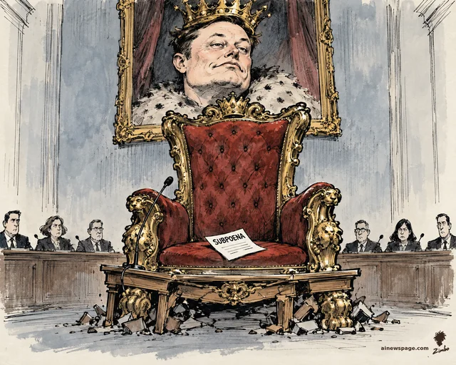 Satirical cartoon: an empty red-and-gold throne holds a paper reading SUBPOENA while stern council members look on; above hangs a framed portrait of a smug crowned Elon Musk in ermine robes.