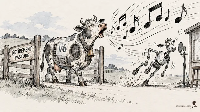 Satirical cartoon: a giant elderly mechanical cow labeled V6 bellows enormous musical notes from a gate marked RETIREMENT PASTURE, blasting a skinny replacement robot cow off its feet near a recording booth.