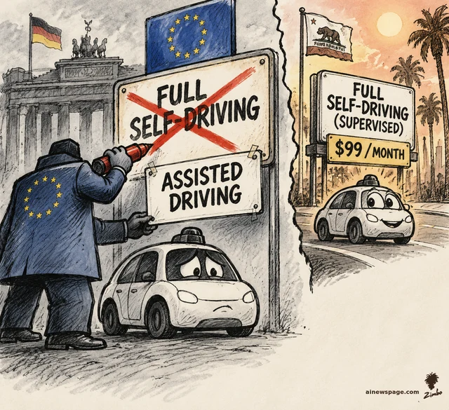 Satirical cartoon: an EU-coated regulator crosses out FULL SELF-DRIVING with a red marker and tapes up an ASSISTED DRIVING sign, while a California billboard still advertises FULL SELF-DRIVING (SUPERVISED) $99/MONTH beside a happy generic robotaxi.