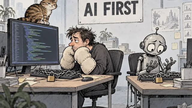 Satirical cartoon: a weary game developer in padded mittens stares at a monitor where code types itself, his keyboard chained shut with a padlock; a worried robot hovers useless hands over his own chained keyboard while a tabby cat lounges on the monitor, under a wall sign reading AI FIRST.