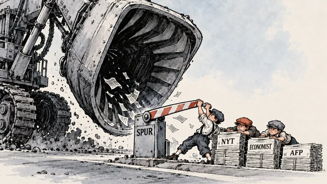 Satirical cartoon: a gigantic mechanical vacuum-mouth excavator sucks in loose newspapers while three tiny paperboys slam down a miniature red-and-white toll barrier labeled SPUR, barricading behind newspaper stacks labeled NYT, ECONOMIST and AFP, on blank off-white paper.