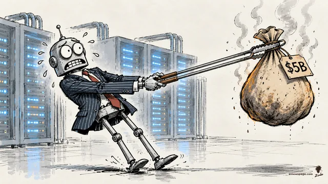 Satirical cartoon: Merv, an anxious robot in a pinstripe suit and red tie, leans backward holding a giant steaming money bag tagged "$5B" at arm's length with long barbecue tongs, sweat drops flying, in front of glowing AI server racks — the banks selling the AI debt won't touch it themselves.