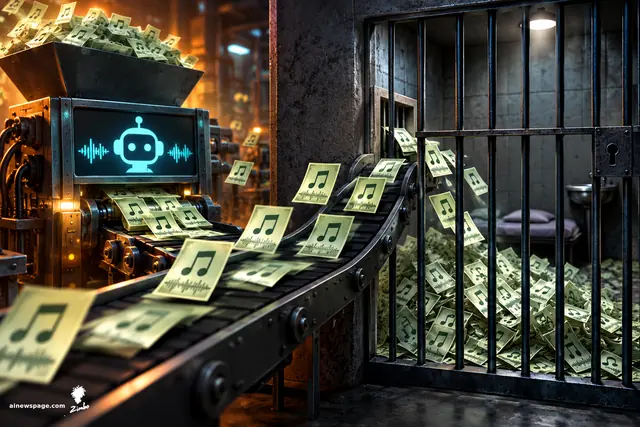 Satirical cartoon: an industrial AI music-printer spews conveyor belts of dollar-tagged song notes straight through prison bars into a jail cell, where the fraudulent earnings pile up.