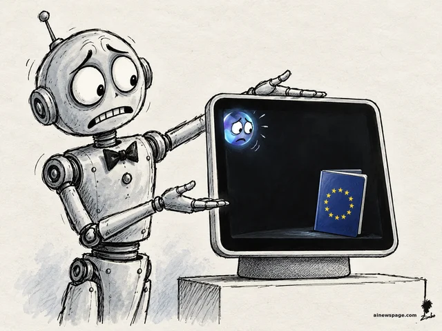 Merv presents Apple's square HomeView display on a pedestal; the Siri orb has shrunk into a terrified speck cowering from a tiny EU passport ringed with stars — on Apple announcing the $299 Siri AI display won't be sold in the EU because Siri AI is unavailable there.
