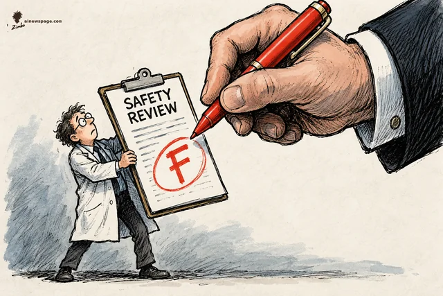 A tiny anxious safety inspector in a lab coat holds up a SAFETY REVIEW report card with a big red circled F, while a giant suited hand wields a red pen poised to change the grade — satirizing Reuters' report that Anthropic and OpenAI sought veto power over what independent AI evaluators can publish.