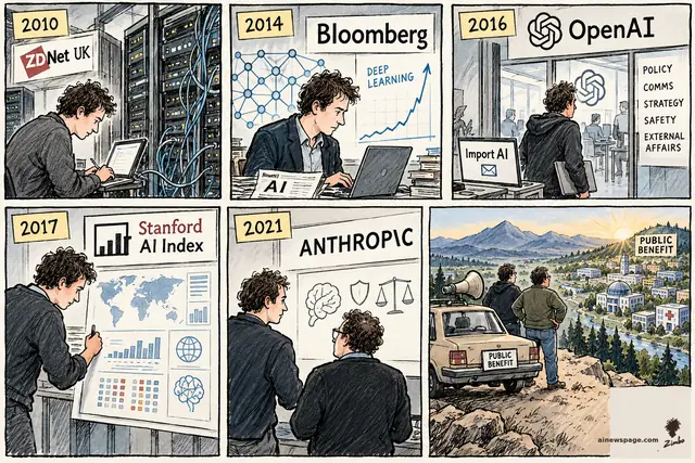 Sunday strip: Jack Clark — 2010 ZDNet reporter at server racks; 2014 Bloomberg neural-net specialist; 2016 OpenAI policy director with Import AI; 2021 co-founds Anthropic; finale: Clark and Dario Amodei at a lookout in a megaphone-topped sedan, gazing at a PUBLIC BENEFIT valley.