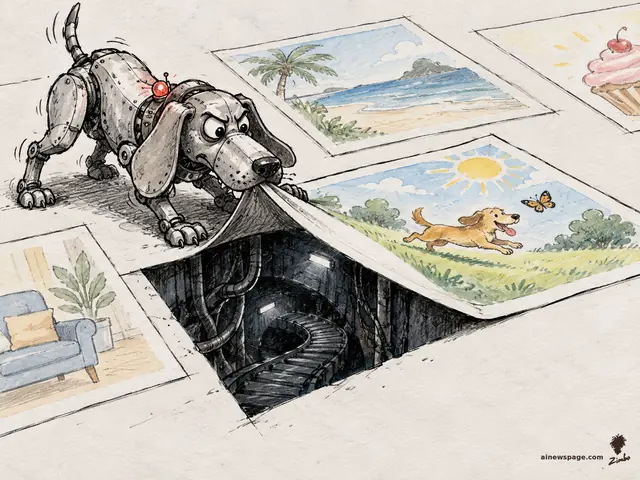 Satirical cartoon: a riveted mechanical bloodhound bites the corner of a cheerful puppy advertisement and lifts it like a rug, revealing a dark tunnel with tracks beneath, while neighboring ads look perfectly normal.