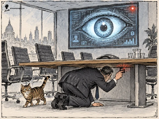 A suited man kneels under a boardroom table attaching a tiny glowing listening device while a giant AI eye on the wall screen stares down at him; a knowing tabby cat walks past — on OpenAI's announcement that it caught a former employee planting a bug using its own AI.
