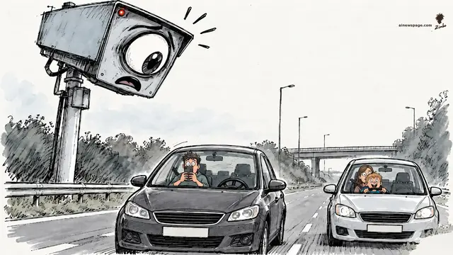 Satirical cartoon: a giant AI road camera with a shocked bulging eye looms over a highway, catching one driver holding a phone with both hands and another letting a child sit on her lap at the wheel.