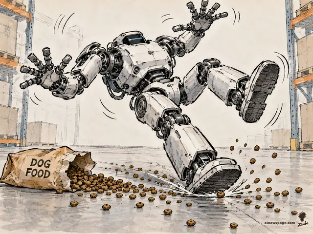 Satirical cartoon: a towering warehouse robot flails airborne mid-slip on kibble spilled from a torn 'DOG FOOD' bag in a warehouse aisle.