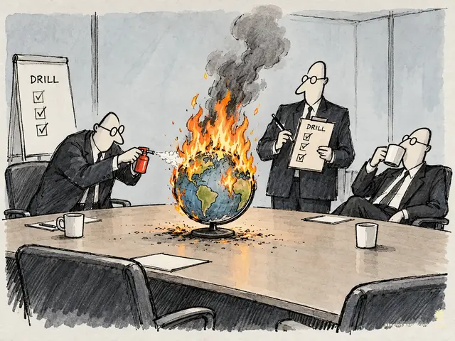 Satirical cartoon: three executives calmly perform a fire drill on a flaming desktop globe in a boardroom — one aims a tiny extinguisher at the burning Earth, one checks a DRILL clipboard, one sips coffee.