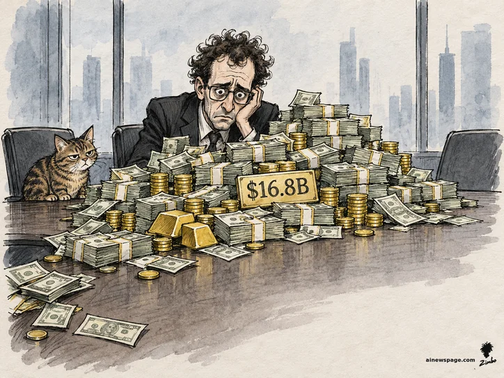 A gaunt, haunted-looking Anthropic CEO Dario Amodei slumps cheek-in-hand at a boardroom table buried under cash, gold coins and a gold $16.8B plaque, while an unimpressed cat watches from a nearby chair. On Anthropic telling investors Q3 revenue jumped to $16.8B with a first adjusted-basis profit.