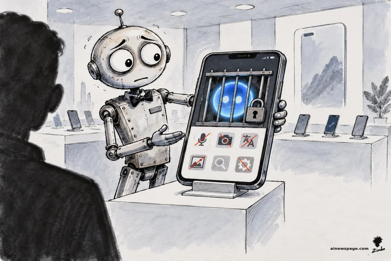 An anxious robot salesman proudly presents an iPhone to a customer; the Siri orb on the screen sits caged behind bars under a padlock, and icons for voice, camera, translation, image, and settings are crossed out in red. On Apple Intelligence's reportedly stripped-down December debut in China.