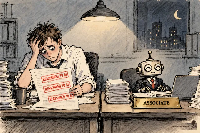 Satirical cartoon: a hollow-eyed young lawyer stares at a timesheet stamped ‘REASSIGNED TO AI’ three times while a smug tiny robot in a suit and tie works at the next desk under a brass ‘ASSOCIATE’ nameplate.