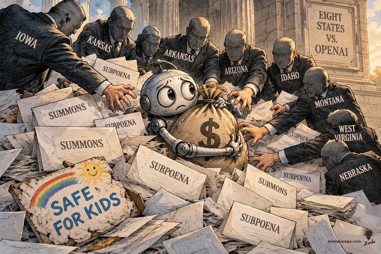 A worried robot clutches a giant dollar money bag while eight state-labeled suited figures reach to seize it, buried in subpoena and summons envelopes; a crushed SAFE FOR KIDS sign lies nearby. On eight states suing OpenAI over ChatGPT child-safety claims.
