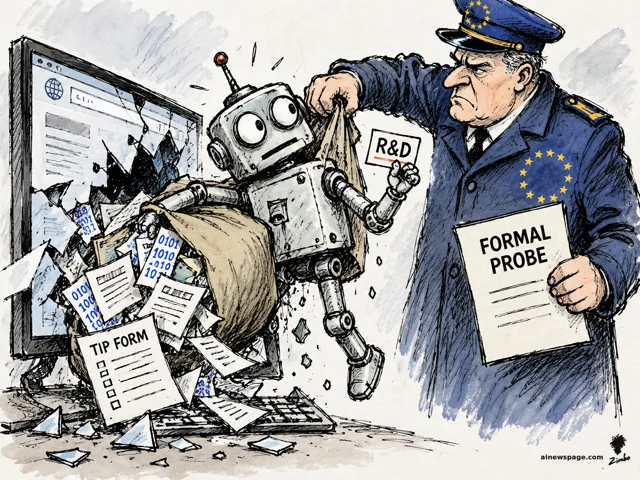 An EU inspector in a blue star-spangled uniform grabs a small test robot by the antenna and serves it a FORMAL PROBE notice; the robot, burst through a shattered screen with documents spilling everywhere, calmly holds up a tiny R&D card. On the EU's formal AI Act probes into OpenAI and Anthropic.