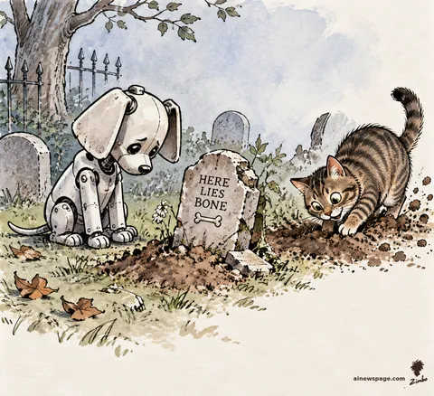 A robot dog mourns at a crumbling headstone reading HERE LIES BONE while a tabby cat digs cheerfully beside it.