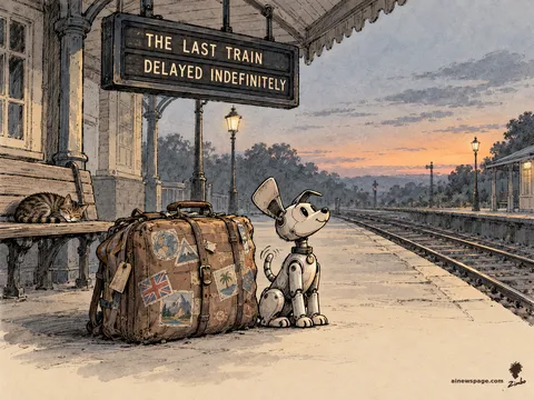 Buddy the robot dog sits proudly beside an overstuffed stickered suitcase on an empty station platform at dusk, scanning empty tracks; the board reads THE LAST TRAIN — DELAYED INDEFINITELY; Issue the tabby sleeps on a bench.