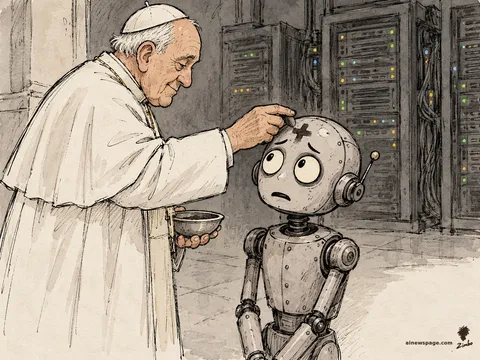 A priest in white vestments presses an ash cross onto the forehead of a small worried robot standing before glowing server racks.