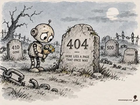 A worried robot lays flowers at a weathered tombstone reading 404 — HERE LIES A PAGE THAT ONCE WAS, among broken chains and stones reading 410 GONE, 500, TIMEOUT.