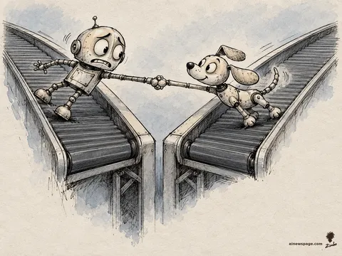 Merv the robot and Buddy the robot dog walk hand-in-paw as the moving walkway beneath them splits into two directions, pulling them apart while they grip tighter.