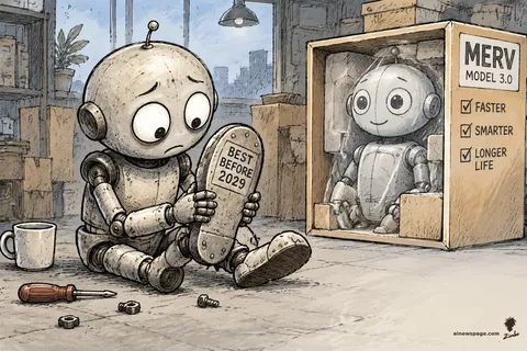 A worried robot sits holding his own foot, which is stamped BEST BEFORE 2029; beside him a boxed MERV MODEL 3.0 advertises FASTER, SMARTER, LONGER LIFE.