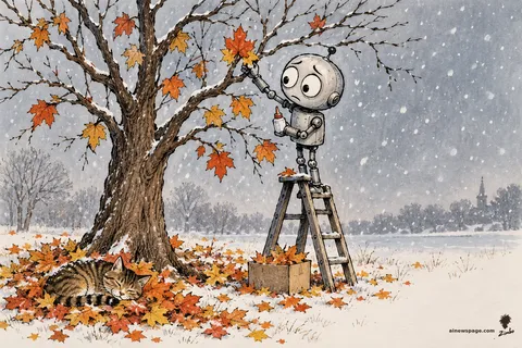 Merv the anxious robot stands on a stepladder gluing fallen autumn leaves back onto a bare tree as the first snowflakes of winter drift onto his shoulders; Issue the tabby naps in a leaf pile at the base.