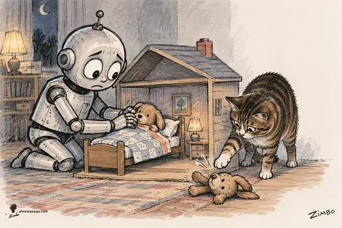 Merv the anxious robot solemnly tucks a worn plush dog toy into a dollhouse bed while a brown tabby cat knocks another plush toy off onto the floor.