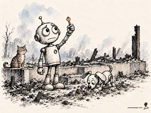 Merv the anxious robot holds a golden key aloft, standing amid the rubble of a burned-down house foundation; a tabby cat sits on the foundation edge and a small robot dog digs in the ash.