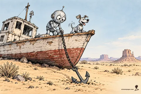 Merv solemnly drops an anchor from a boat beached high on desert sand while Buddy sits at attention on the prow, ready to sail.