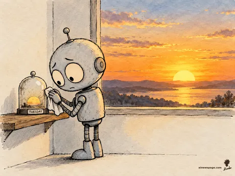 Merv the anxious robot polishes a bell jar on a shelf containing a tiny faded sun labeled TUESDAY, while a real blazing sunset happens ignored through the window.