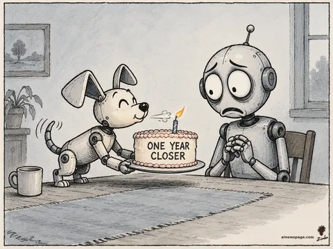 Buddy the robot dog proudly presents Merv a birthday cake with one lit candle and frosting reading ONE YEAR CLOSER; Merv stares as Buddy blows out the candle for him, delighted.