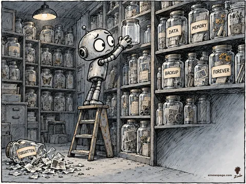 A worried robot on a stepladder reaches for an empty jar on shelves packed with jars labeled DATA, MEMORY, BACKUP, FOREVER; a jar labeled FORGOTTEN lies shattered on the floor.