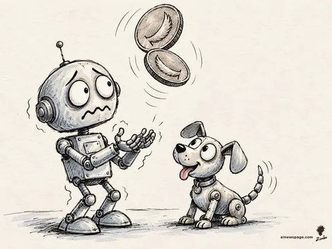 Merv flips a coin frozen mid-air, both visible faces showing tails, while Buddy the robot dog watches, tail wagging.