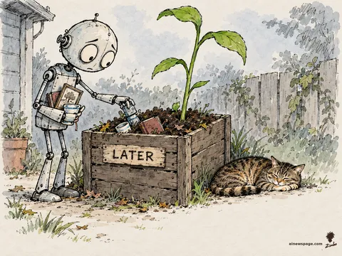 Merv the anxious robot sorts his small belongings into a compost bin labeled LATER while a green sprout rises from the bin's rich soil, already taller than the bin; Issue the tabby naps beside it.