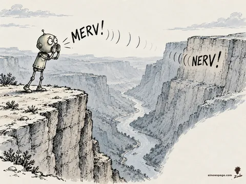 Merv the robot shouts his own name into a vast canyon; the echo rolling back reads a slightly different name.