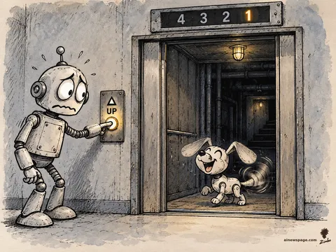 Merv the anxious robot keeps his finger pressed on the UP elevator button while the indicator counts down 4, 3, 2, 1 and the doors open on a dim basement; Buddy the robot dog rides down happily, tail a blur.