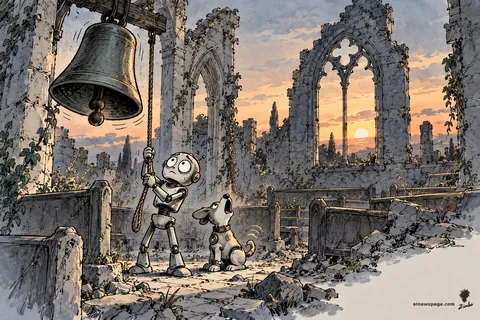 Merv the anxious robot pulls a bell rope in a roofless ruined chapel at sunset while a small robot dog sits beside him, head thrown back, howling along enthusiastically.